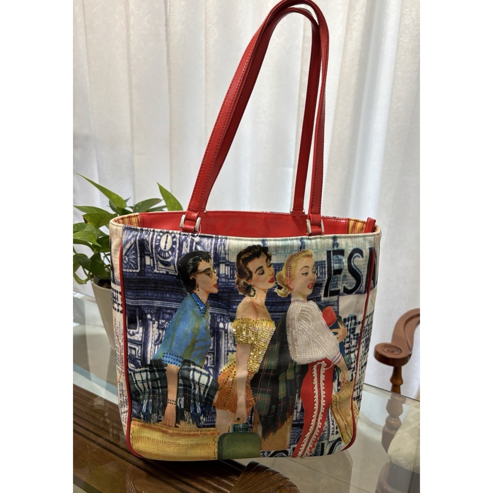 Isabella Fiore Multicolor Art Graphic Tote Beaded Sequin Applique Red Straps Zip